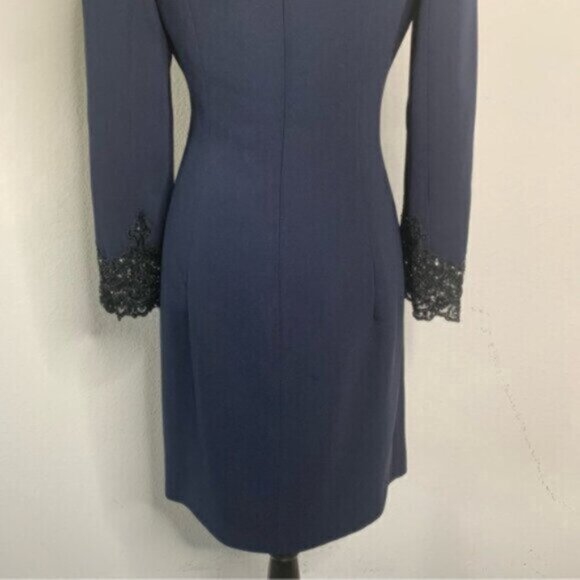 Badgley Mischka Vintage Navy Blue Lace Trim Button Accent Midi Dress - Picture 14 of 16